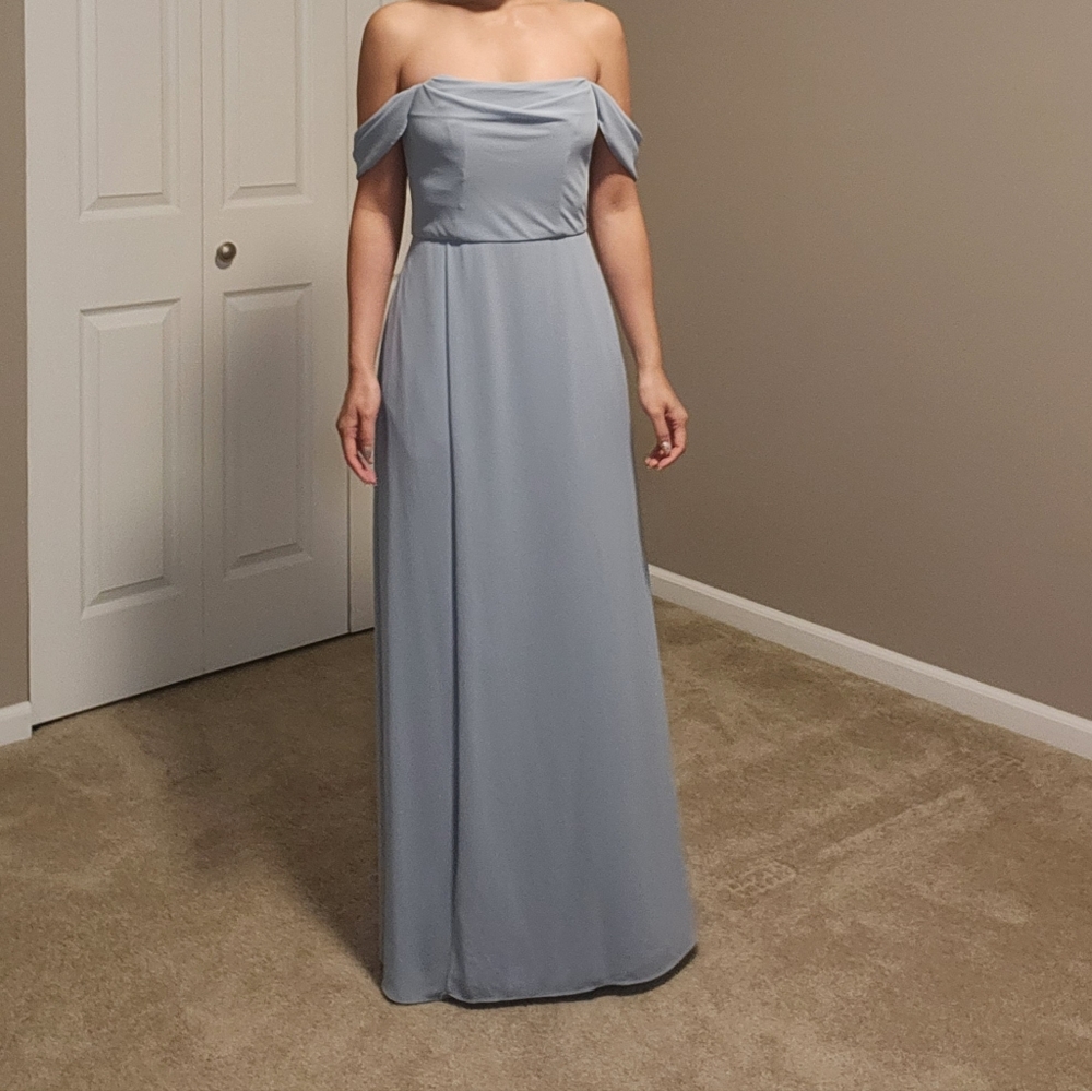 David's Bridal Bridesmaid Chiffon Dress in Dusty Blue